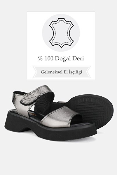 TUNAELLİ Nickel Black - Genuine Natural Leather Short Heeled Women's Sandals