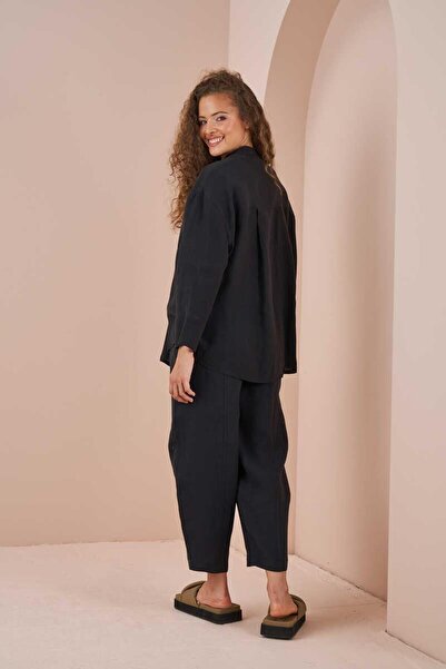 Mevra Oversize Ceket Tunik Keten Siyah