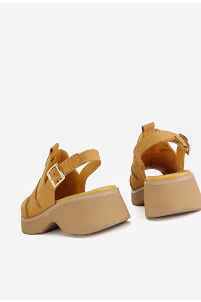 TUNAELLİ Women's - Yellow Nubuck Genuine Natural Leather Low Heel Sandals