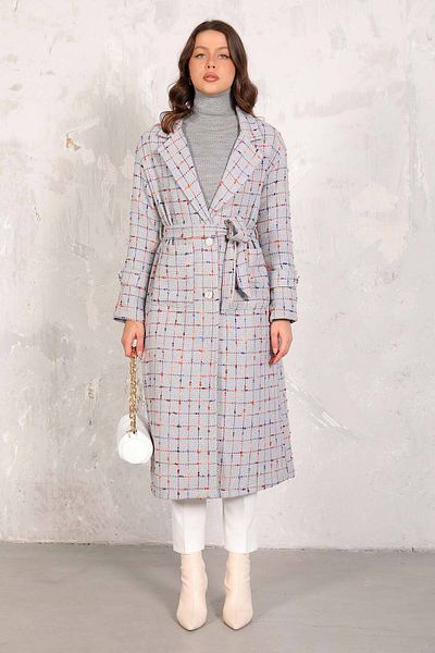 Melike Tatar Long Gray Tweed Coat - 66-3004