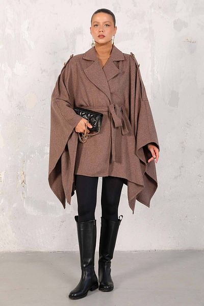 Melike Tatar Stamp Brown Poncho - Model 32-6426