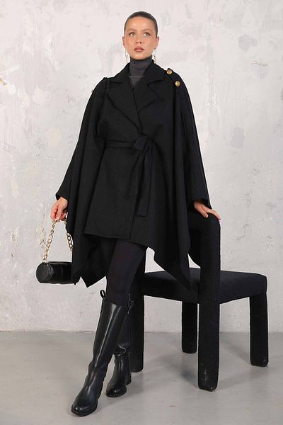 Melike Tatar Stamped Black Poncho - 32-6426 Model