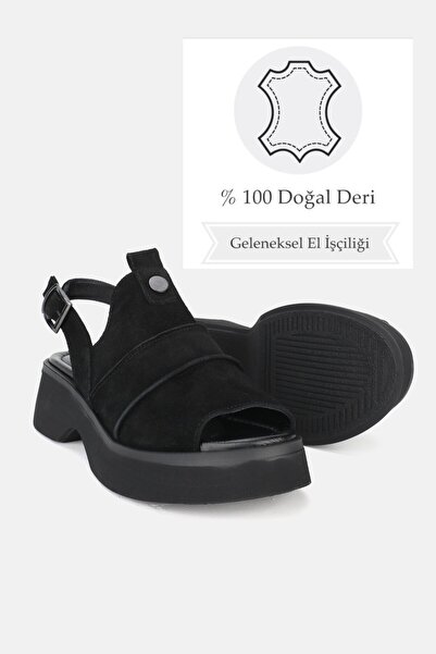 TUNAELLİ Black Nubuck Low Heel Sandals - Genuine Natural Leather