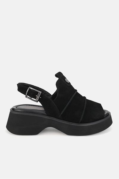 TUNAELLİ Black Nubuck Low Heel Sandals - Genuine Natural Leather
