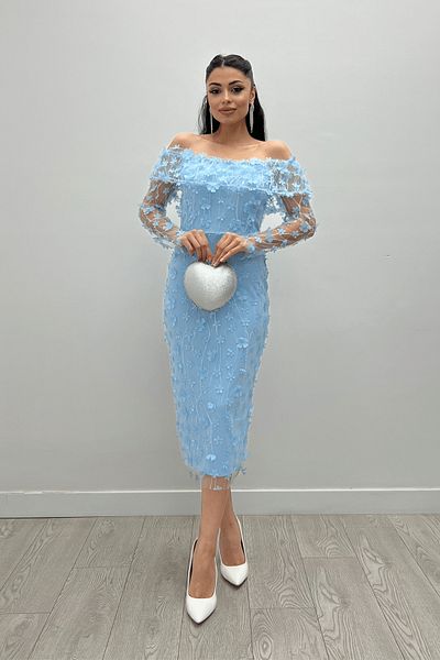 giyimmasalı Rochie tip creion cu decolteu barcă, albastru gheață, tridimensional