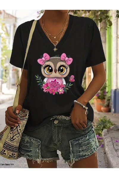 mercoledi Casual γυναικείο μπλουζάκι Oversize με V λαιμόκοψη