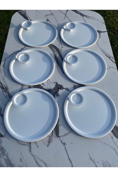 NEWTREND Züccaciye 2 Model 6-Piece White Round Tray - Coffee and Pastry Serving Presentation Tray