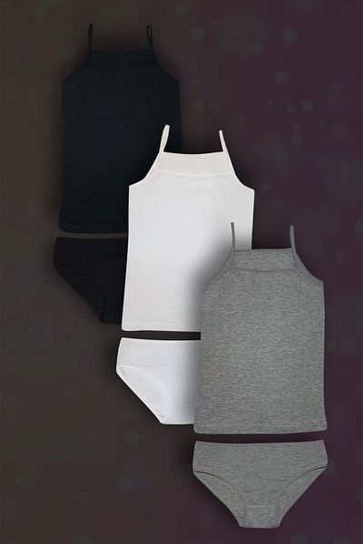 GRI MOR TEKSTIL Σετ 3 Βαμβακερά Πλυντήρια για Κορίτσι - Μαύρο Λευκό Γκρι