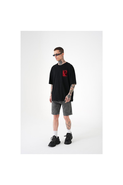 Relax family xf Ανδρικό μαύρο μπλουζάκι Oversize - Πίσω στάμπα, Βαμβακερή Loose Cut