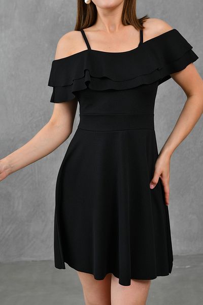 WOMAN VISION Rochie mini neagră pentru femei, din țesătură creponată, cu bretele subțiri, cu volan, tăiat clopot 014