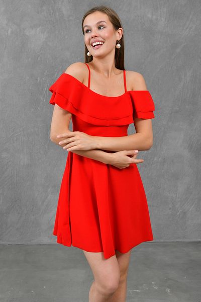 lovebox Red Bell Cut Flounced Short Evening Dress - Thin Straps 014