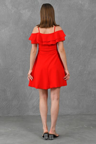 lovebox Kadın Ince Askılı Volanlı Çan Kesim Kırmızı Kısa Abiye Elbise 014