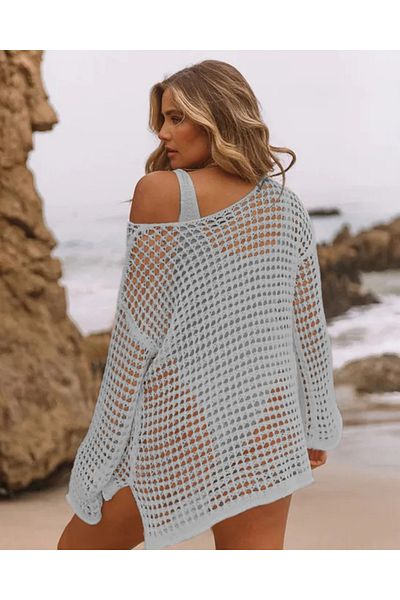 AQE FASHION Γκρι πλεκτή μπλούζα - μακρυμάνικο μπλουζάκι Pareo μπικίνι με διχτυωτή λεπτομέρεια, σκίσιμο και Valon