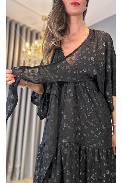 Atelier Derin Shiny Patterned Black Chiffon Bolero