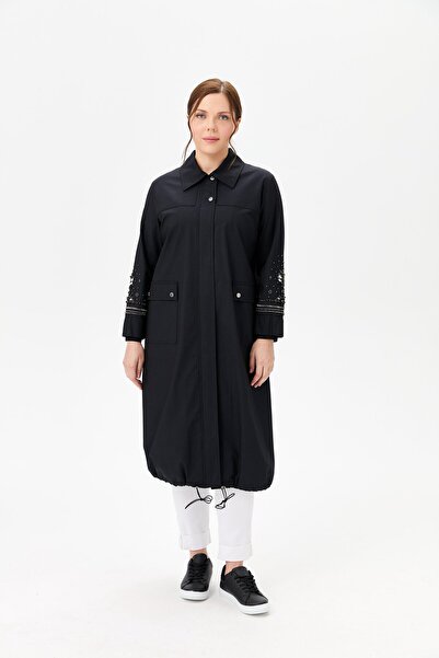 FUAT GÜRSEN Fuat Gürşen 1600-1 Kollar Taş  İşlemeli Fermuarlı Trençkot - Siyah