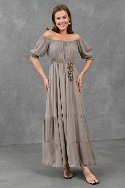 lovebox Мадонна з коміром-воланом - Максі-сукня з шнурівкою на талії 6298