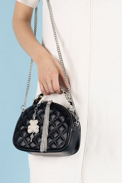 Getcho Faram Black Women's Quilted Chain Strap Box Bag Teddy Bear Detailed Mini Shoulder Bag Young Daily Model