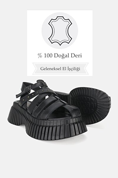 TUNAELLİ Black Genuine Natural Leather - Strappy Flat Sole Women's Sandals