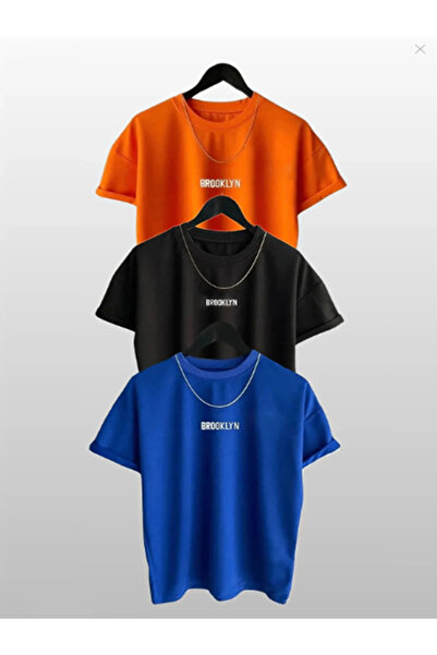 Boi Комплект от 3 тениски с щампа Brooklyn - Sax Blue, Black Orange, Oversize...