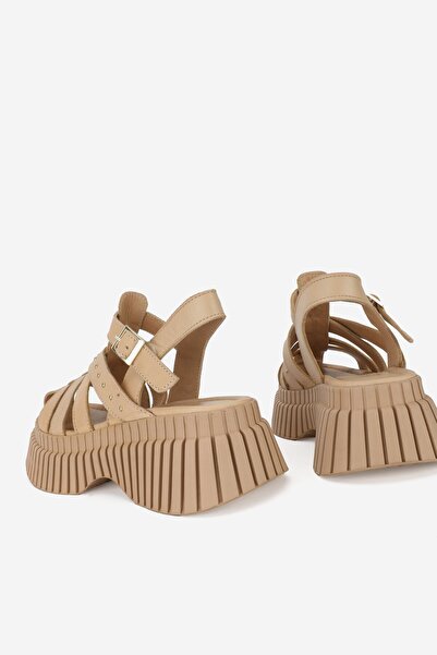 TUNAELLİ Beige Women's Sandals - Genuine Natural Leather, Strappy, Flat Sole