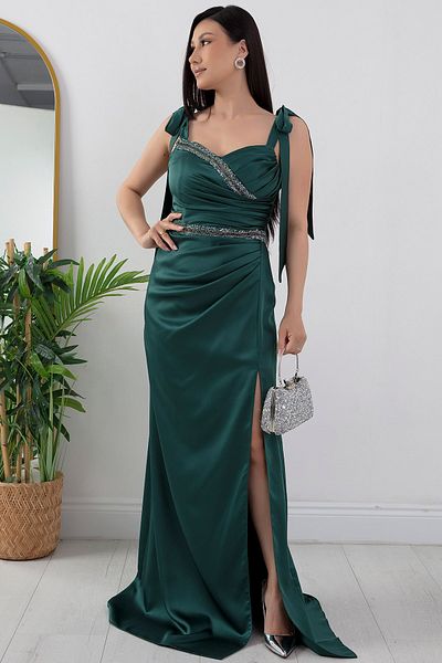 PULLIMM Rochie de seara din satin - Detaliu cu strasuri in fata si in talie, DMN4641