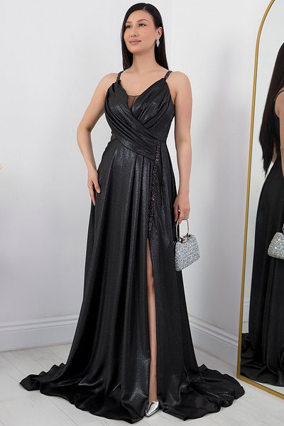 PULLIMM DMN4613 Rochie de seara din satin argintiu model - cu bretele
