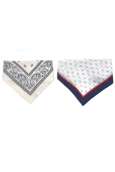 Naz İpek Set of 2 Ethnic Pattern White-Blue Cotton Bandana 50X50 Summer Scarf