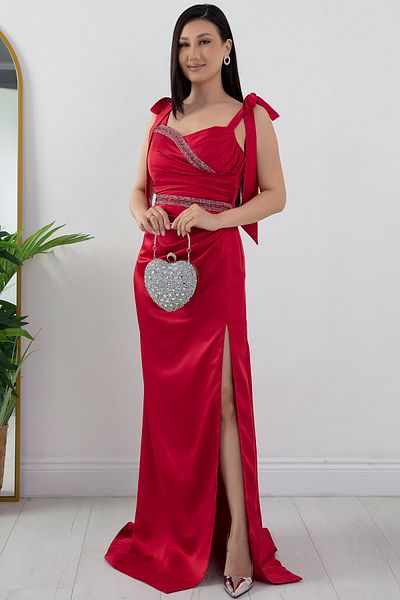 PULLIMM Rochie de seara din satin - Detaliu cu strasuri in fata si in talie, DMN4641