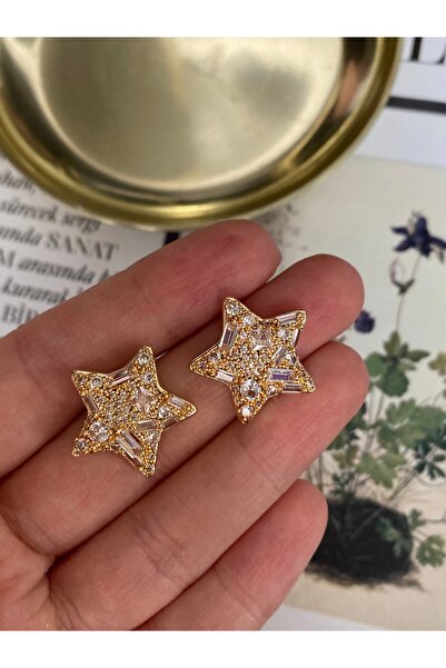 Pinery Jewels Vıp Seri - Zirkon Taşlı Yıldız Altın Kaplama Kadın Küpe Çifti