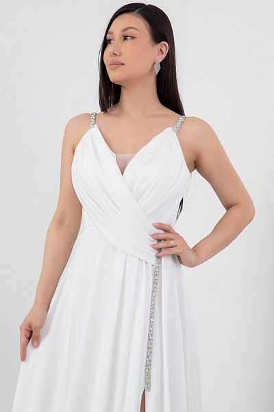 PULLIMM DMN4613 Rochie de seara din satin argintiu model - cu bretele