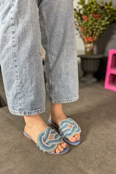 SHOEBELLAS Papuci de damă albaștri - Nod Stone Detailed