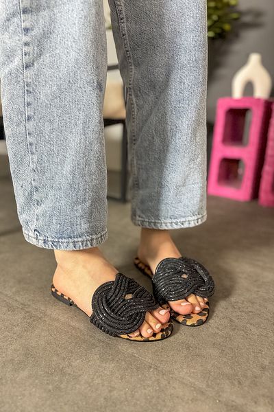 SHOEBELLAS Leopard Patterned Fair Women's Slippers - Stone Knot Detailed