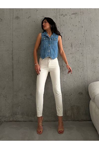 MAKRAS EXCLUSIVE Beige High Waist Julia Trend 100% Cotton Mom Jean - New Season Women's