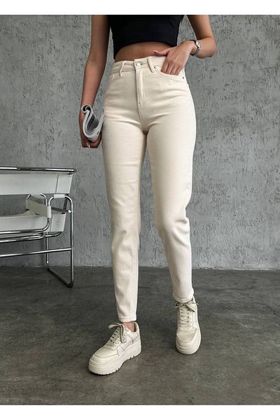 MAKRAS EXCLUSIVE Blugi Mom Beige Julia Trend - Blugi Stretch cu Talie Inalta si Lycra