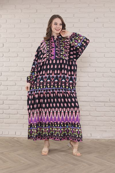 mervemoda Γυναικείο φόρεμα Plus Size - Μπροστινό με κουμπιά και ύφανση