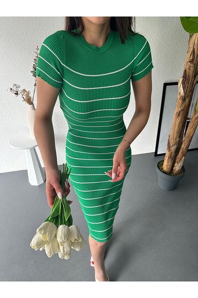 kenza'a Rochie de damă din tricotaje cu fante lungi midi în dungi