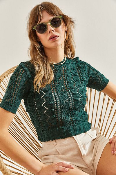 Bianco Lucci Μπλουζάκι OpenworK Crew Neck Γυναικείο KniTwear - Κοντό μανίκι, 20246125