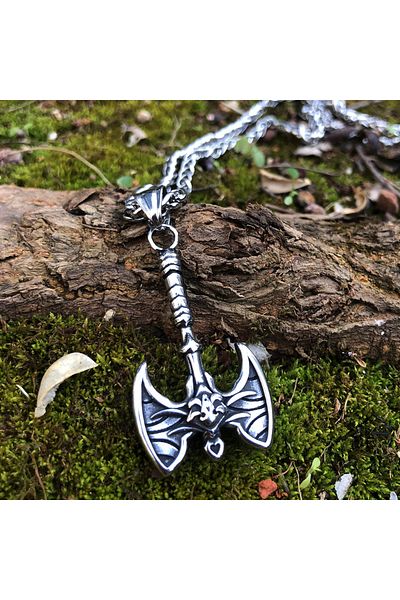 Viking Nordik Berserker Axe - Gothic Axe and Sword Valknut Embroidered 316L Steel Necklace