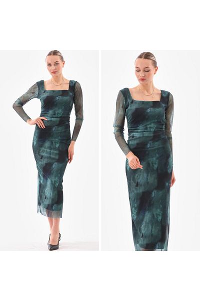 CİXAPLE Lycra Square Collar Tulle Lined Dress