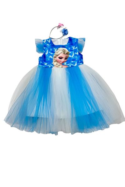 Esterella Costum din tul imprimat Elsa pentru fete - Rochie de seara de aniversare colorata / Rochie de petrecere