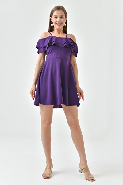 vuvutasarım New Season - Flexible Crepe Fabric, Double Layer Collar and Flounce Strap Mini Dress