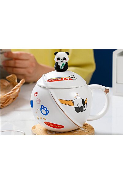hediyeconcepti Cană Panda din ceramică de 400 ml cu capac și lingură, ceașcă ...