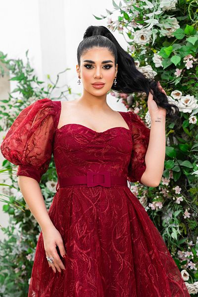 Helen Fashion Floral Pattern - Tea Length Evening Dress Design with Low Cut and Belt Short Balloon Sleeves