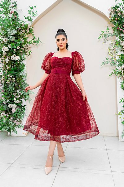 Helen Fashion Floral Pattern - Tea Length Evening Dress Design with Low Cut and Belt Short Balloon Sleeves