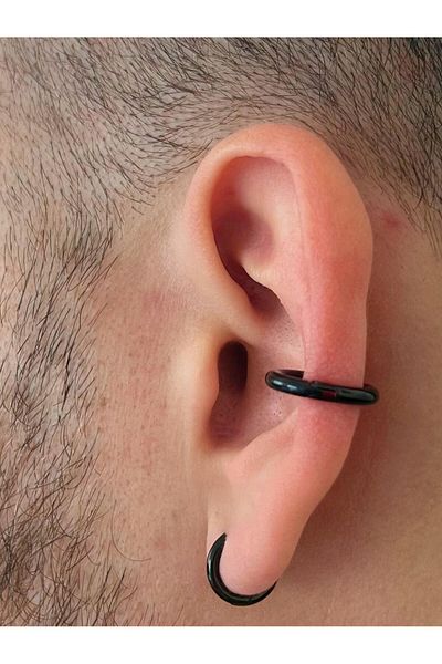 Piercing Market Steel & Silver Unisex Steel Set of 2 Hoop Earrings Compression Earcuff Stainless Anti Darkening Earrings