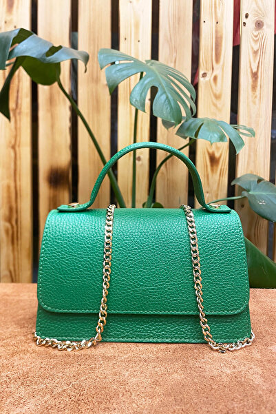 Deriza Green Genuine Leather Shiny Women's Handbag