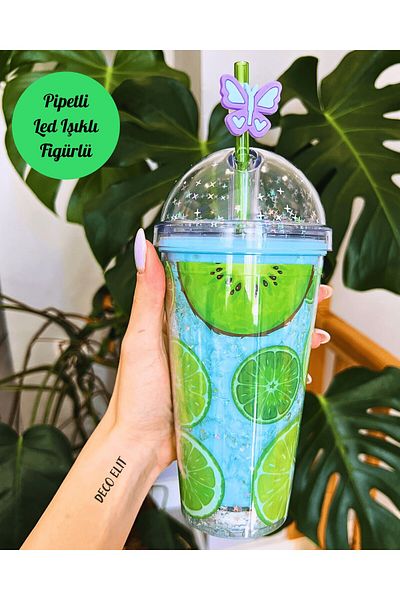 Deco Elit 450 ml Mica Water Bottle with Led Light, Drinking Straw and Fruit Visual - Double Layer 2096 Kiwi