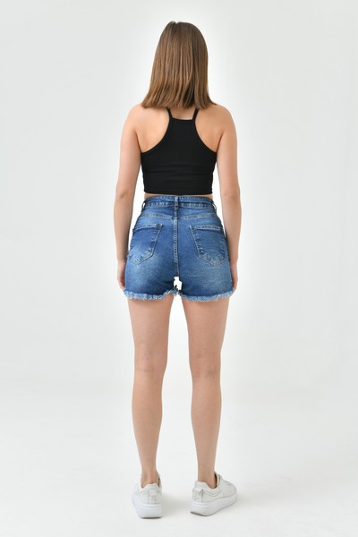 bayansepeti Pantaloni scurți din denim albastru închis din lycra cu talie înaltă - rupturi elastice 70354