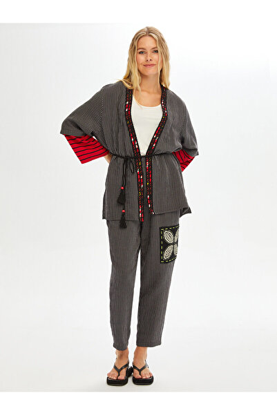 Faik Sönmez Resort Kolları Kontrast Garnili El İşi Detaylı Kimono 68803