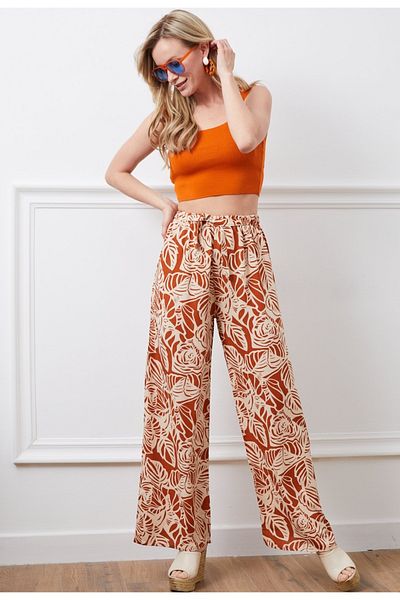Alegante Linen Brick Color Patterned Women's Trousers - Trendy with Elastic Waist